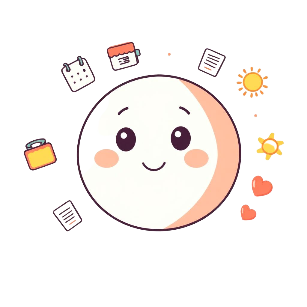 Orbi, the Orbitly mascot, surrounded by little icons for calendar, meals, money, routines and people